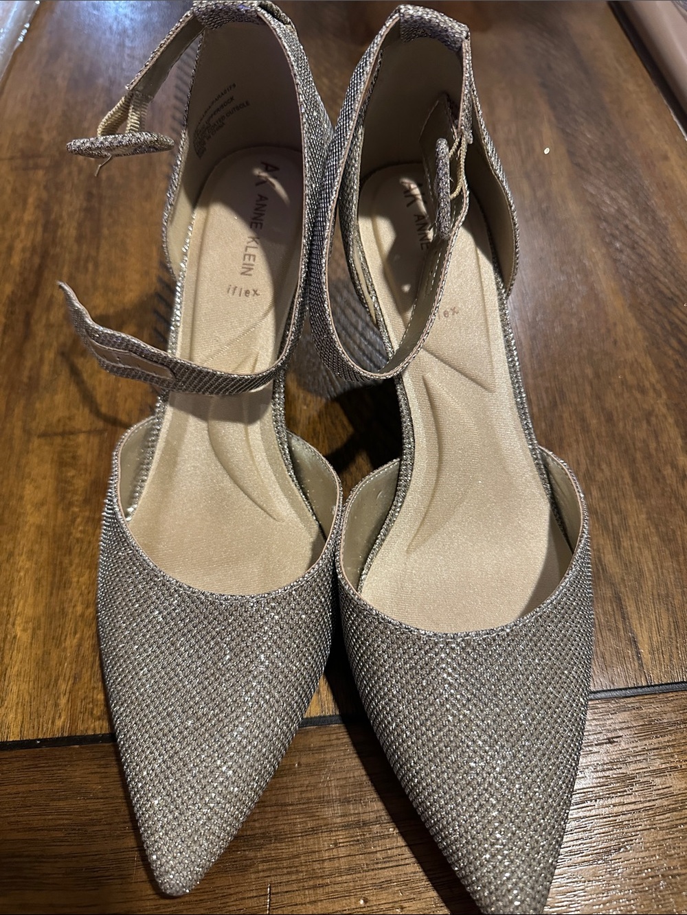 Anne Klein Metallic Champagne Pointed-Toe Ankle-Strap Heels